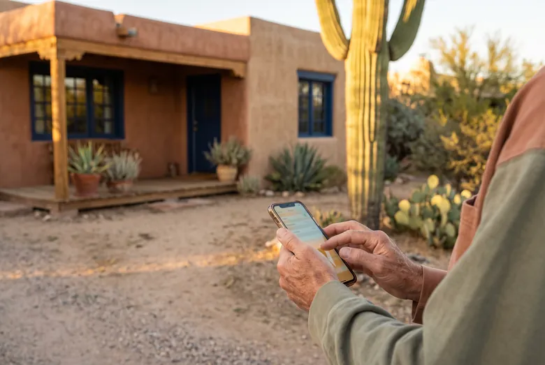 Homeowner using a phone in front of a Tucson adobe house with a saguaro cactus