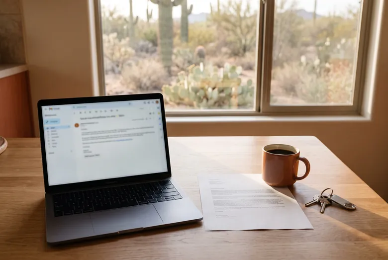 Laptop showing an email, a printed cash offer letter, coffee and house keys on a table by a desert window