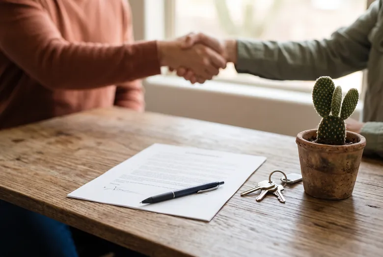 Signed closing paperwork with a pen, house keys and a small cactus as two people shake hands